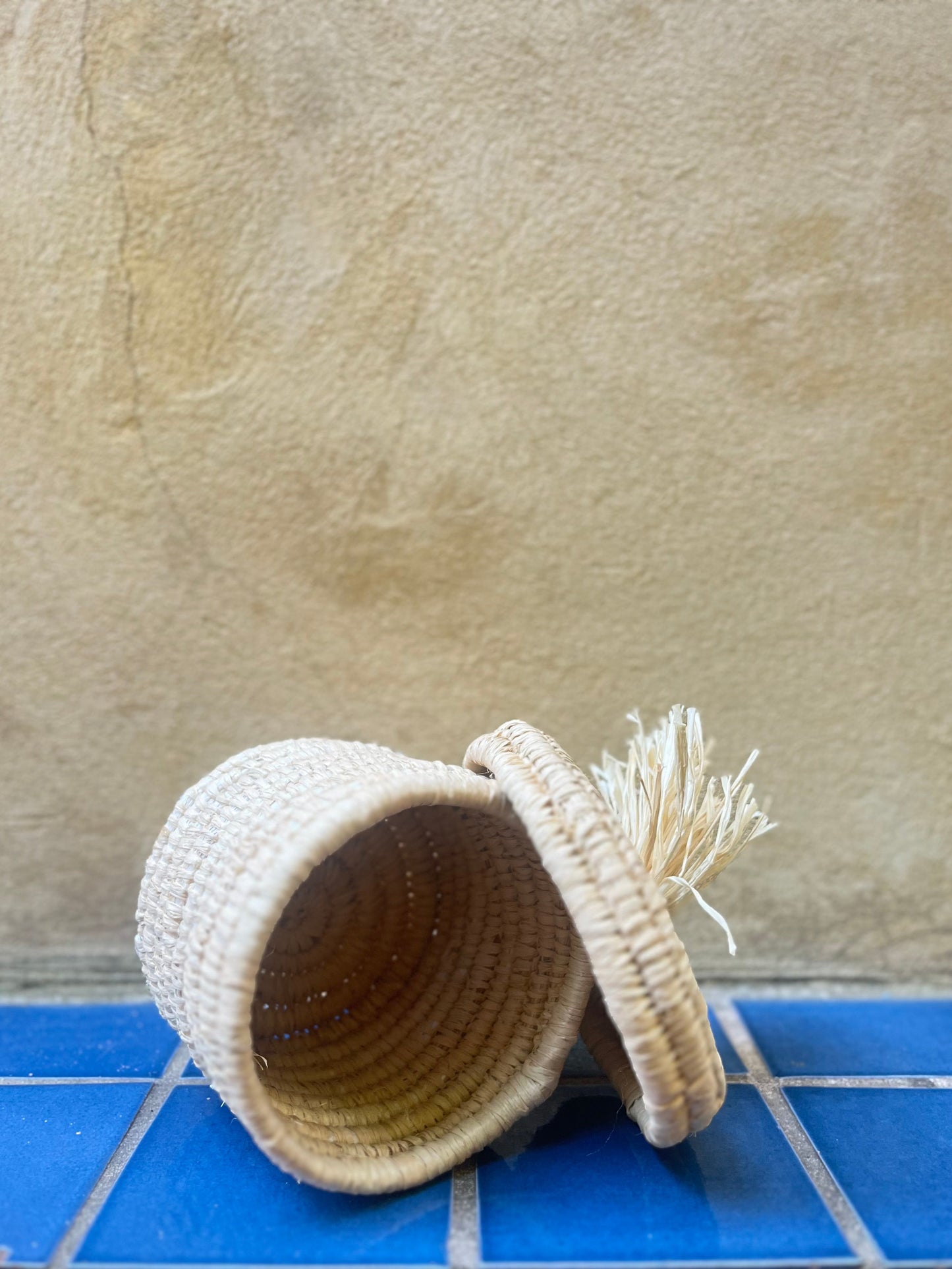 Panier avec son couvercle pompon raphia